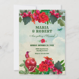 Röda Gröna Blommor Fågel Retro Vintage bröllop Spara Datumet