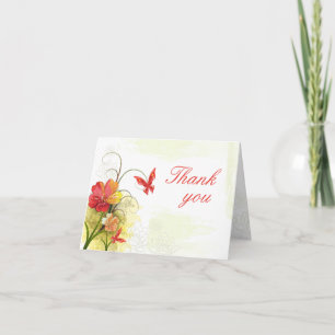 Röda gröna blommor + fjärils bröllop tack kort
