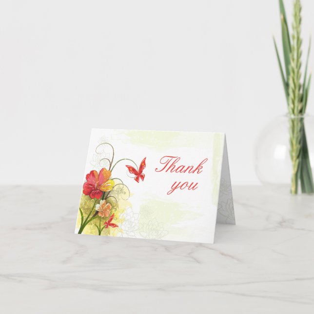 Röda gröna blommor + fjärils bröllop tack kort (Framsida)