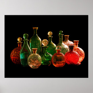 Röda + Gröna Glasflaskor Svart Bakgrund Vägg Poster