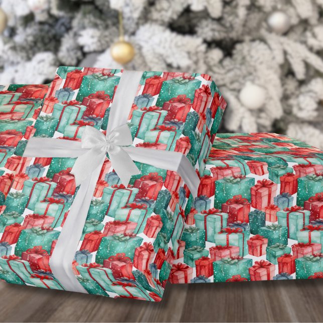 Röda Gröna Julpresenter Julen Presentpapper (Classic Red Green Holiday Presents Christmas Wrapping Paper )