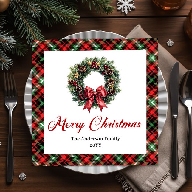 Röda gröna karljohanskt julkrans servetter anpassa (Red Green Plaid Christmas Wreath Napkins Custom)