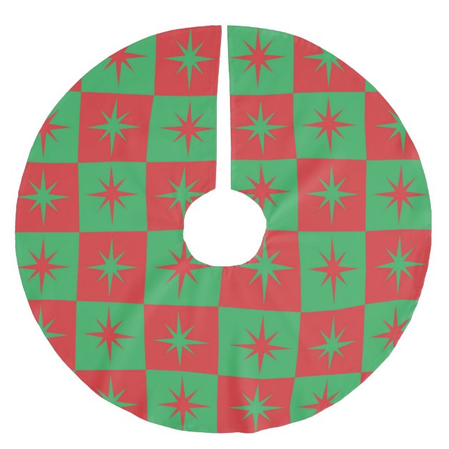 Röda gröna rutiga retro julstjärnsprakar  julgransmatta borstad polyester (Framsidan)