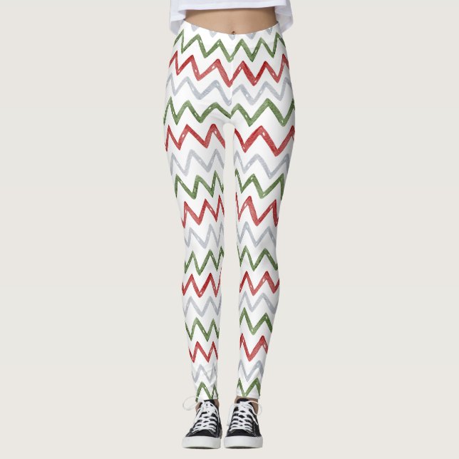 Röda gröna sicksack julklänningar för kvinnor leggings (Framsida)