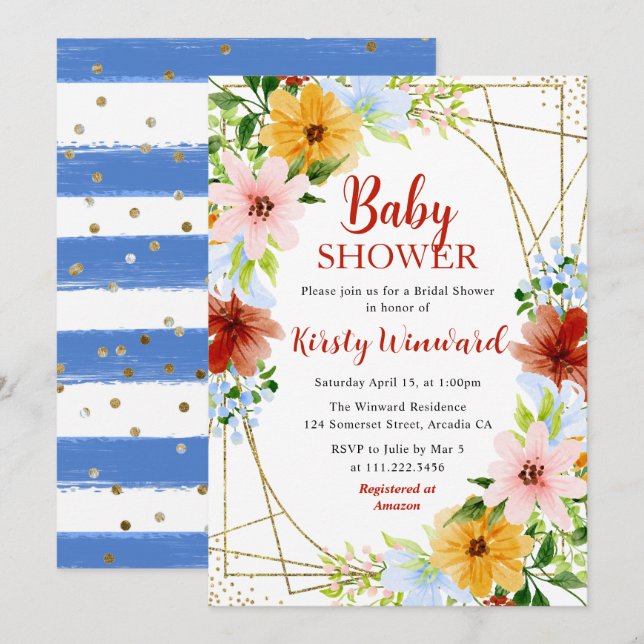 Röda Gula Blå Blommor Guld Ram Baby Shower Inbjudningar (Fram/baksida)