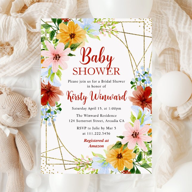 Röda Gula Blå Blommor Ram Bebisdopp Inbjudningar (Skapare uppladdad)