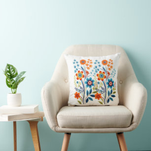 Röda Gula Blå Gröna Retro Vintage Blommor Kudde
