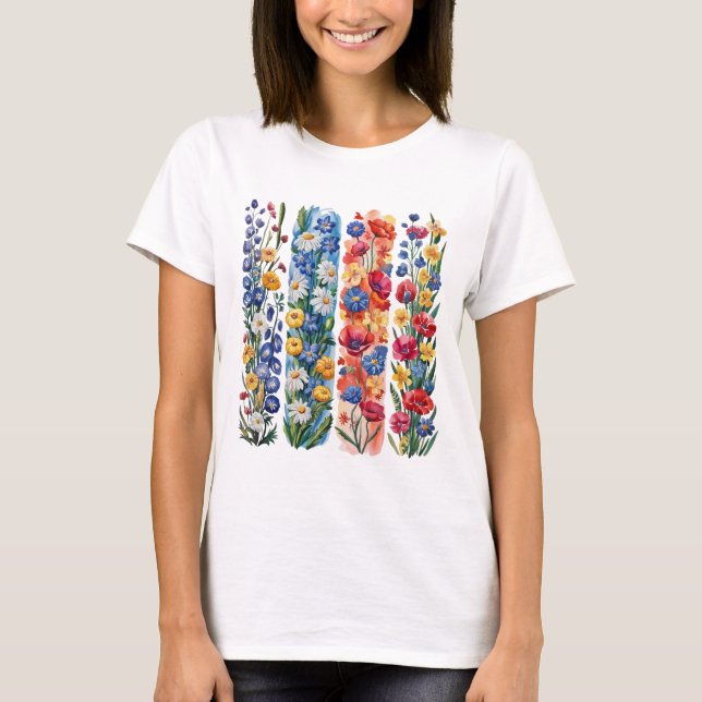 RÖDA GULA BLÅ VITA VACKRA VILDblommor T Shirt (Framsida)