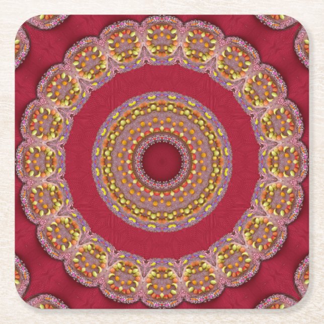 Röda Gula Guldröda rosetter Mandala Underlägg Papper Kvadrat (Framsidan)
