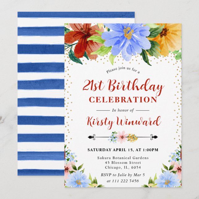 Röda, gula och blå blommor 21-årsdag inbjudningar (Fram/baksida)