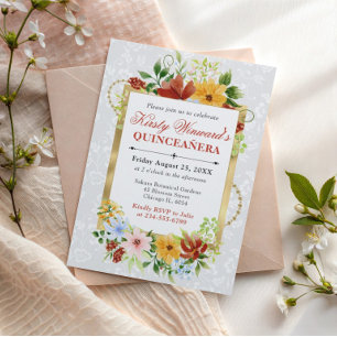 Röda, gula och blå blommor Guld Quinceanera Inbjudningar