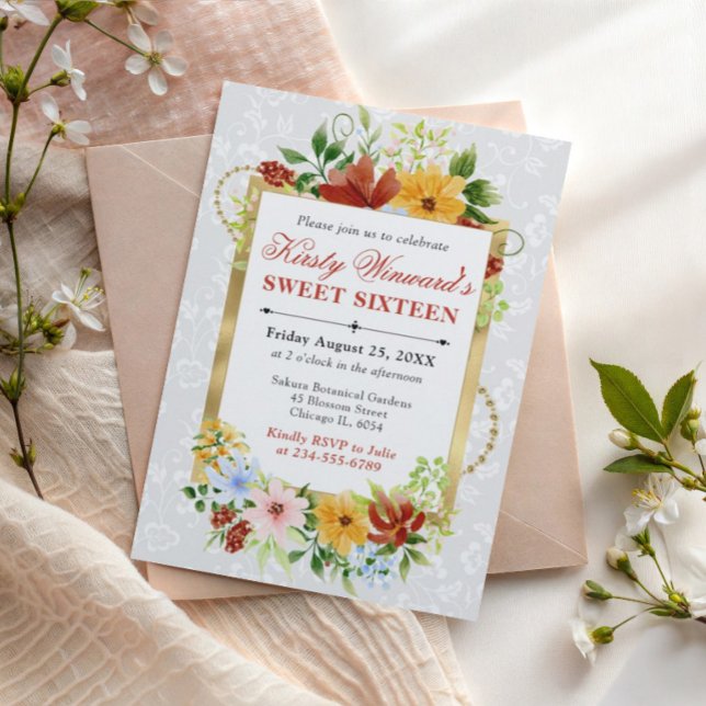 Röda, gula och blå blommor Guld Sweet 16 Inbjudningar (Skapare uppladdad)