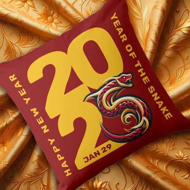 Röda Guld-året för ormen 2025 Kudde (CNY 2025 Throw Pillow Golden Fabric Cover Photo)