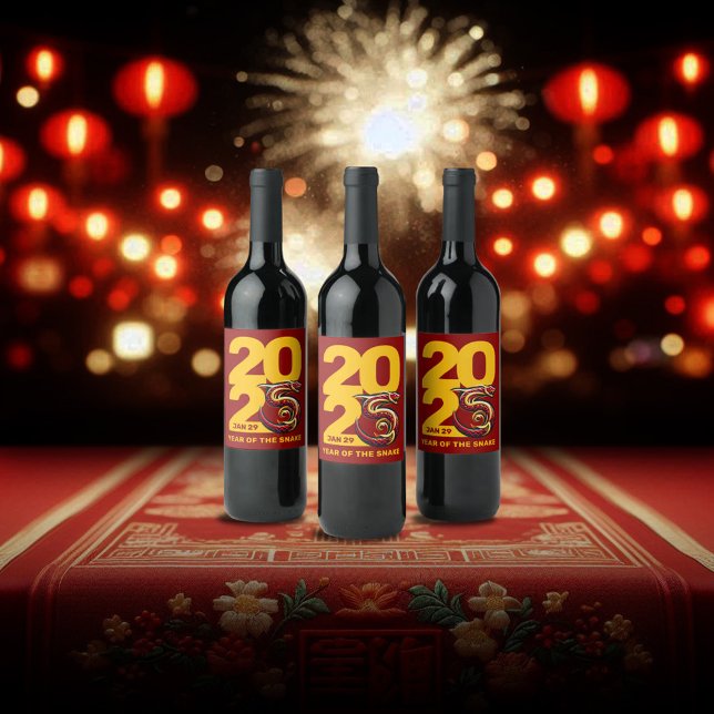 Röda Guld-året för ormen 2025 Vinflaska Etikett (CNY 2025 Trio of Wine Bottles Fireworks Lantern Cover Photo)