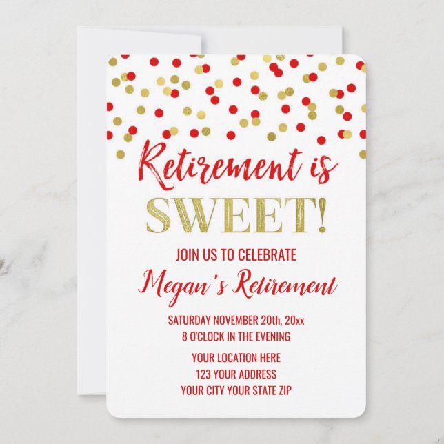 Röda Guld Glitter-konfetti Pension Party Inbjudningar (Baksida)