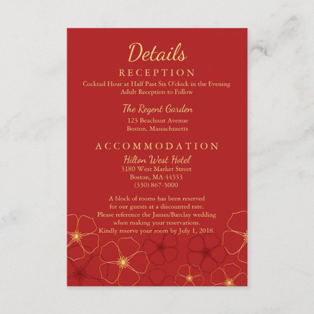 Röda Guld Körsbärsblommor Bröllopsdetaljer Tilläggskort (Framsida)