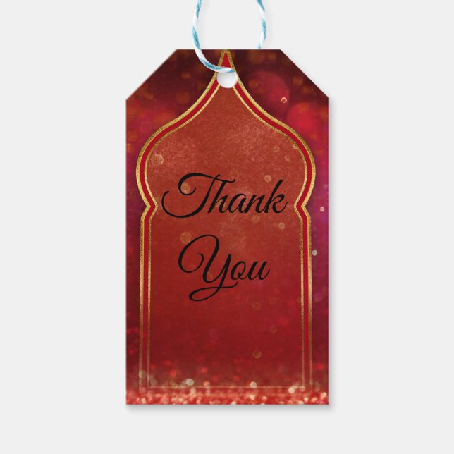 Röda & Guld marockanska arabiska nattbröllopsfavor Presentetikett (Framsidan)