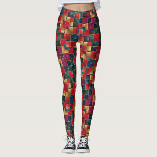 Röda Guld och blå fyrkanter Leggings