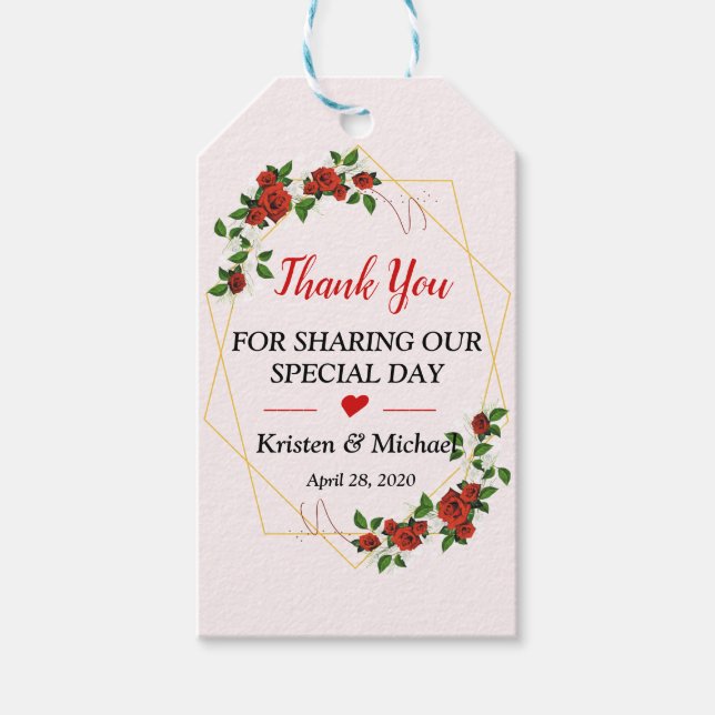 Röda Guld Ram Blommigt Bröllopsförmånen Tack Presentetikett (Framsidan)