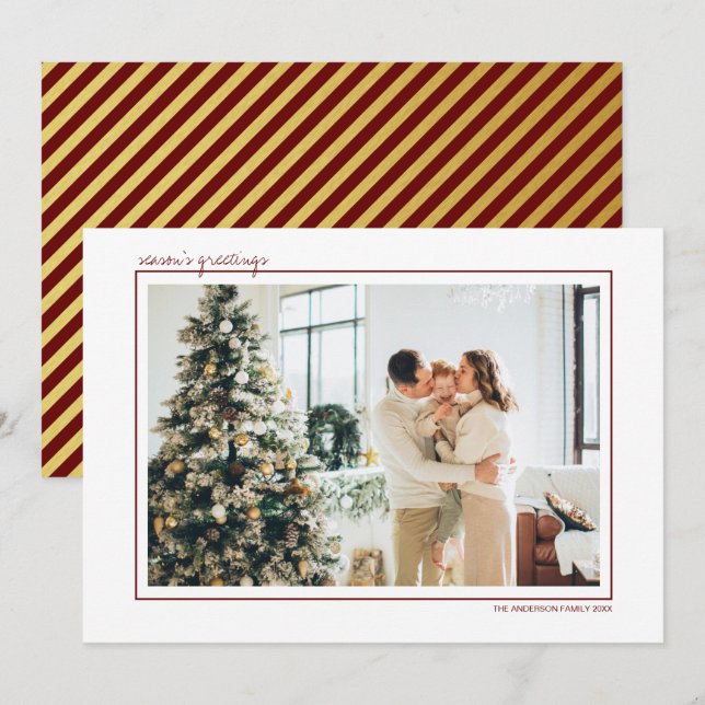 Röda & Guld Ränder Säsongens Hälsningar Foto Julkort (Fram/baksida)