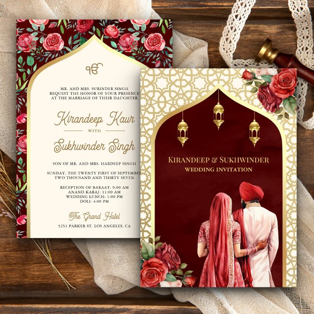 Röda Guld Rosor Blommig Anand Karaj Sikh Bröllop Inbjudningar (Skapare uppladdad)