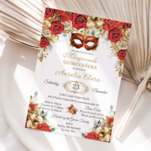 Röda Guld Rosor Blommig Maskerad Bal Quinceanera Inbjudningar