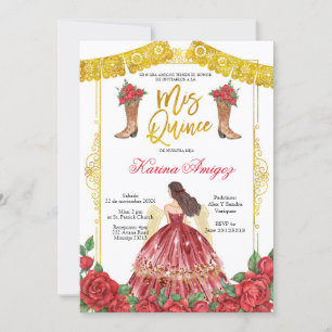Röda Guld Rosor Häst Charra Quinceañera Inbjudan