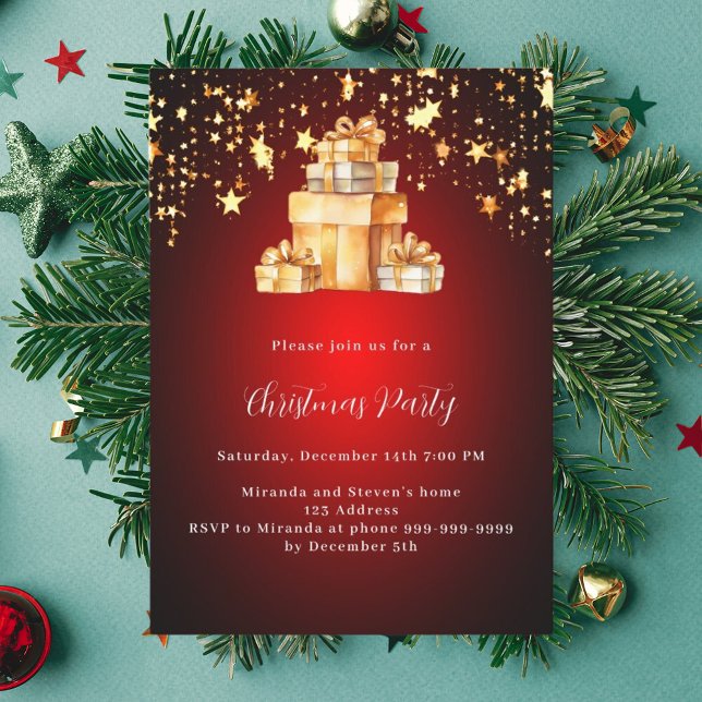 Röda guld-stjärnor ger julklapp Party Inbjudningar (Skapare uppladdad)
