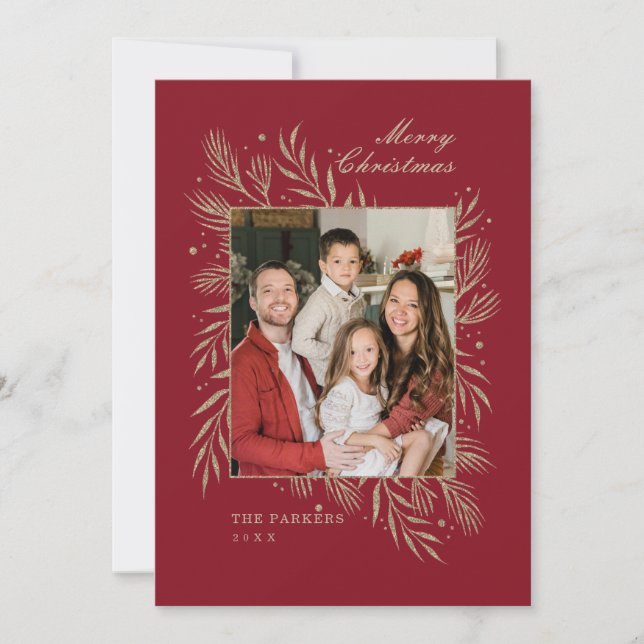 Röda Guldblad Familj Fotoram Julkort (Framsida)