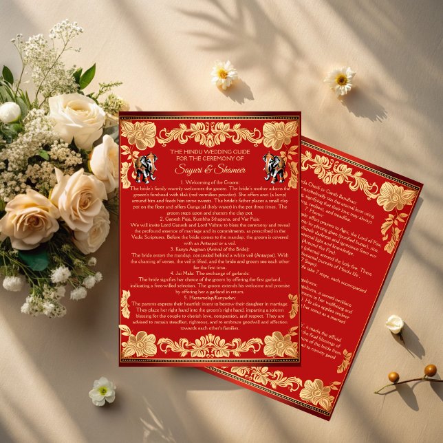 Röda guldelefanter Indiska bröllopsritualer progra Inbjudningar (Red gold elephants Indian wedding rituals program editable template instant download)