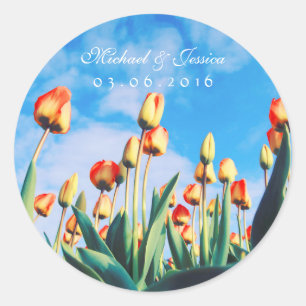 Röda Gult Tulips och Blå himmel bröllop Stickers Runt Klistermärke