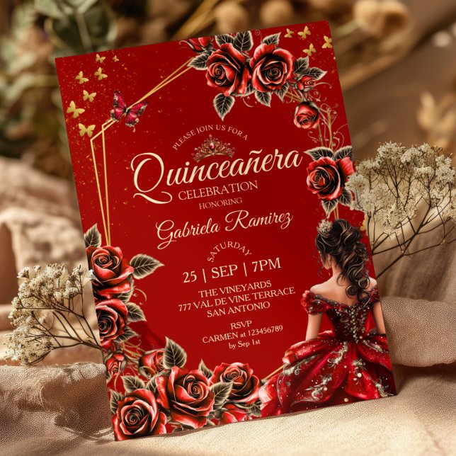 Röda Gyldene Tiara Rosor Fjäril Quinceañera Inbjudningar (Skapare uppladdad)