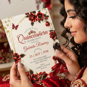 Röda Gyldene Tiara Rosor Fjäril Quinceañera Inbjudningar