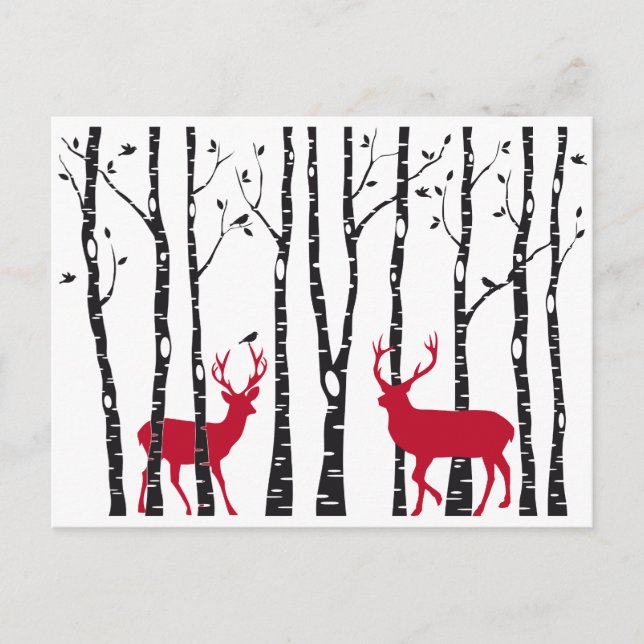 Röda häckar i björk-träd-skogen vykort (Framsida)
