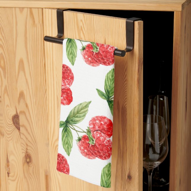 Röda hallon med blad mönster kökshandduk (Thirds Fold)