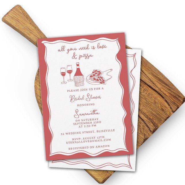 Röda Hand plockade italienska Pizza Vin Möhippa Inbjudningar (Red Hand Drawn Italian Pizza Wine Bridal Shower Invitation)