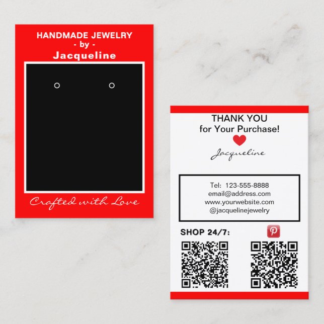 Röda Handgjorda Smycken Örhängen Display QR Koder Visitkort (Fram/baksida)
