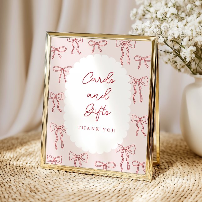 Röda Handritade Boho-bågar Rosa Baby Shower Bordss Poster (Red Hand drawn boho bows girl baby shower tabletop sign)