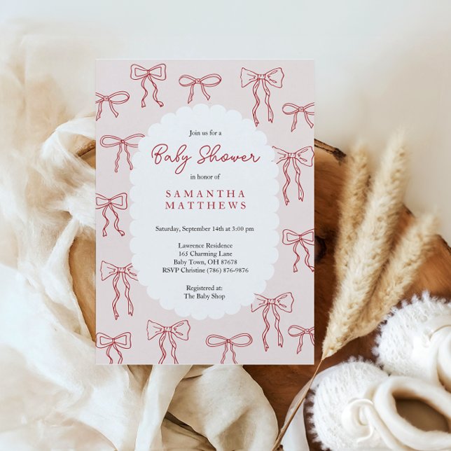 Röda Handritade Boho-bågar Rosa Flickor Bebisshow (red hand drawn boho bows girl baby shower)