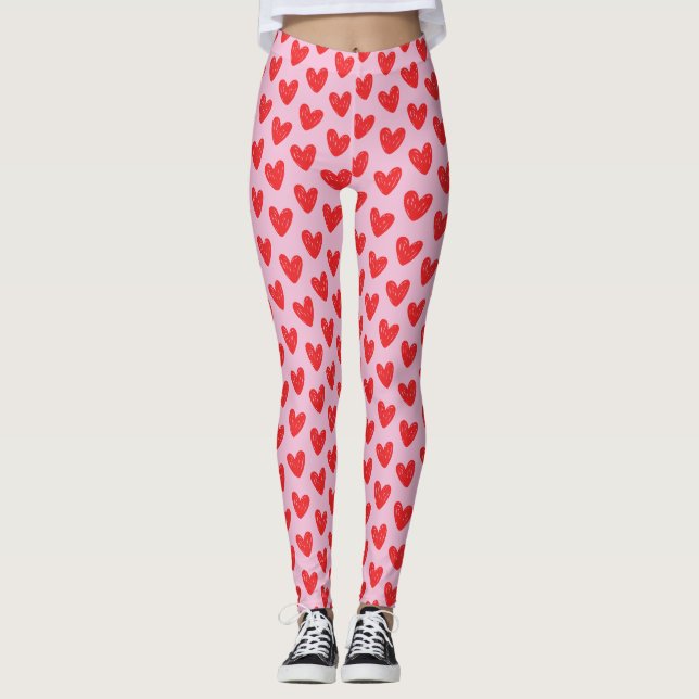 Röda Handritade Klotterhjärtans Mönster på Pastell Leggings (Framsida)