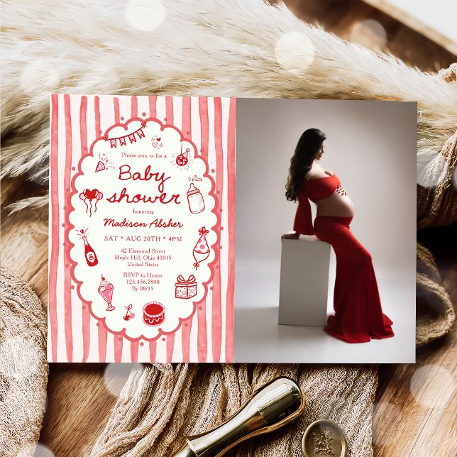 Röda Handritade Randiga Baby Shower Inbjudan (Skapare uppladdad)
