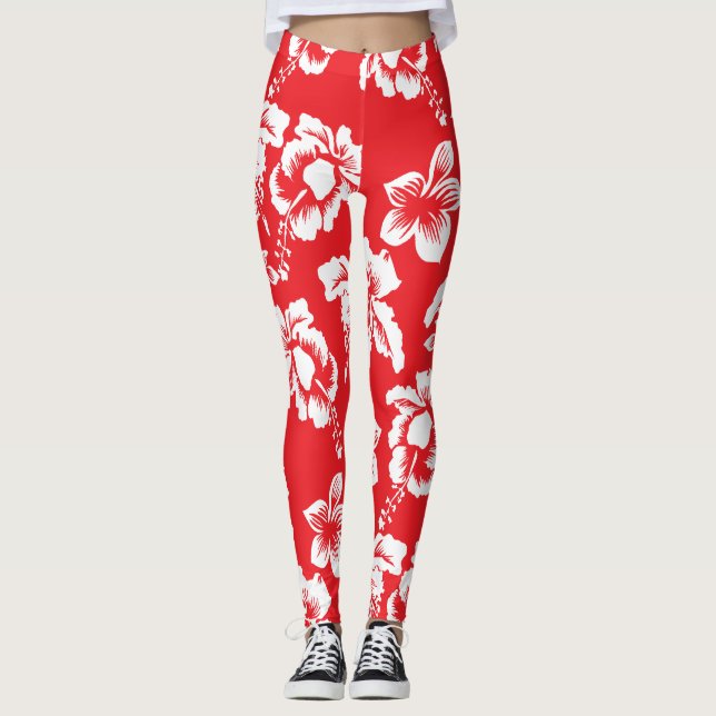 Röda hawaianska hibiskusblommor leggings (Framsida)