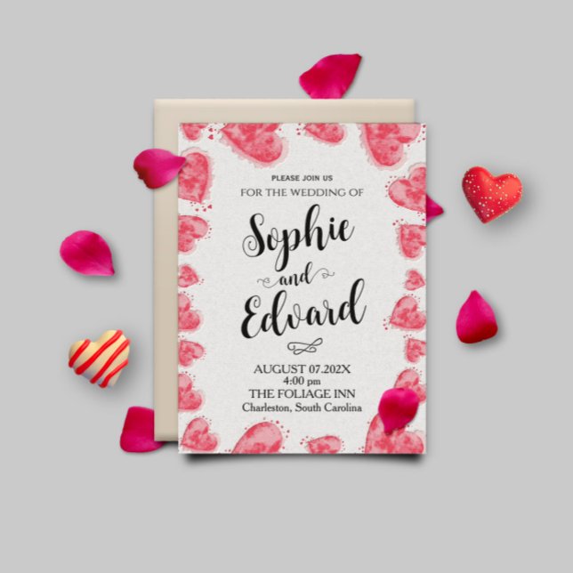 Röda Hearter med vattenfärg på Romantic Bröllop Inbjudningar (Wedding Invitation 2023 with hearts)