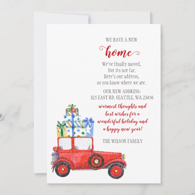 Röda Helgdagskort för julkort, Vi har flyttat (Framsida)