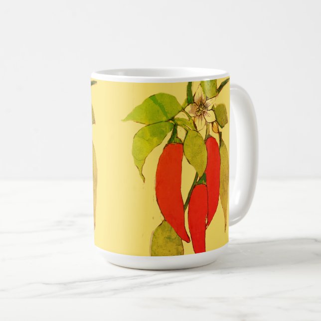 Röda heta chilipeppar på vinranka med gröna blad b kaffemugg (Framsida höger)