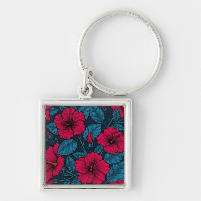 Röda hibiscus blommor fyrkantig silverfärgad nyckelring (Framsidan)