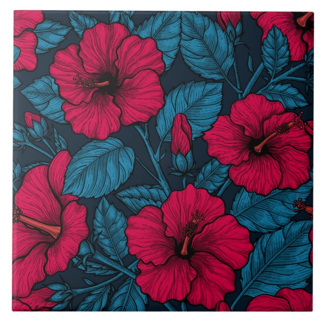 Röda hibiscus blommor kakelplatta (Framsidan)