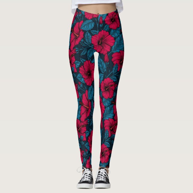 Röda hibiscus blommor leggings (Framsida)