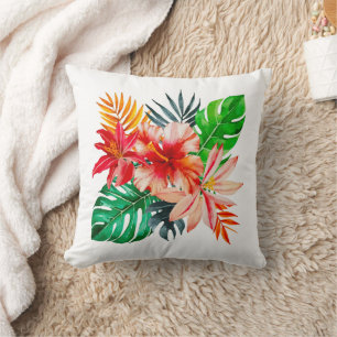 Röda Hibiscus-blommor och Monstera-löv Kudde