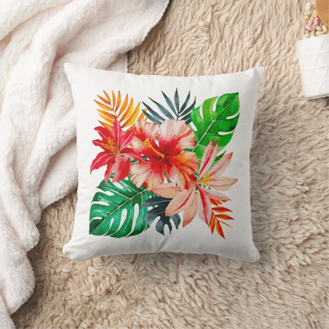 Röda Hibiscus-blommor och Monstera-löv Kudde (Filt)